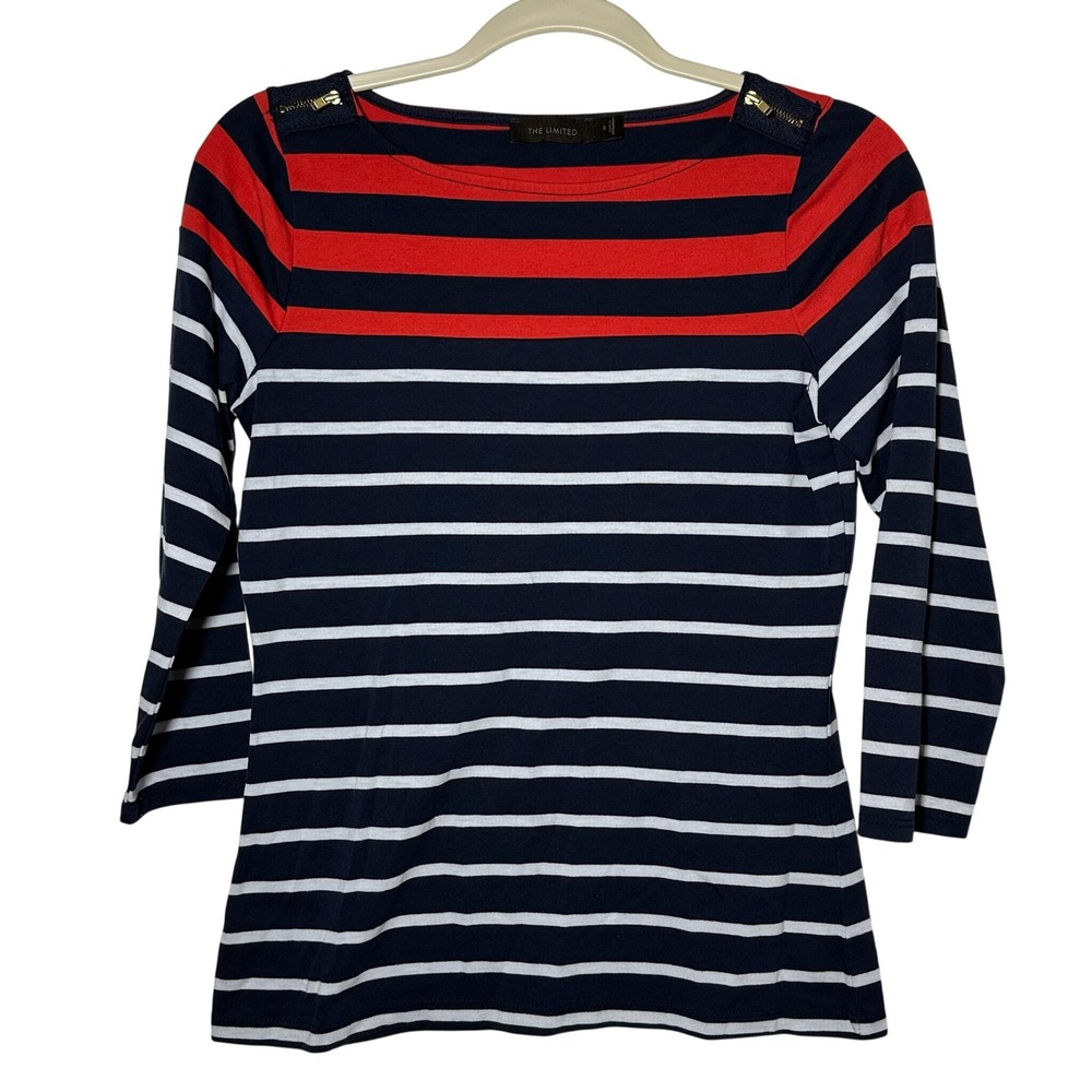 The Limited Striped Boat Neck 3/4 Sleeve Top Navy Red White Zipper Detail Size S